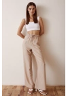 Beli Lastikli Biyeli Yüksek Bel Pantolon Bej