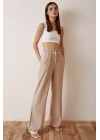 Beli Lastikli Biyeli Yüksek Bel Pantolon Bej