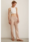 Beli Lastikli Biyeli Yüksek Bel Pantolon Pudra