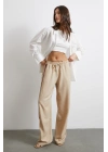 Beli Lastikli Çift Şeritli Pantolon Bej