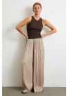 Beli Lastikli Geniş Paça Büzgülü Pantolon Bej