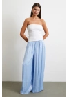 Beli Lastikli Geniş Paça Büzgülü Pantolon Mavi