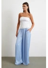 Beli Lastikli Geniş Paça Büzgülü Pantolon Mavi