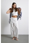 Beli Lastikli Paçası Katlamalı Pantolon Beyaz