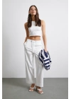 Beli Lastikli Paçası Katlamalı Pantolon Beyaz