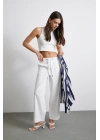 Beli Lastikli Paçası Katlamalı Pantolon Beyaz