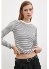 Bisiklet Yaka Çizgili Bluz Beyaz