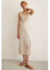 Boncuk Detaylı Askılı Elbise Krem