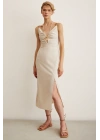 Boncuk Detaylı Askılı Elbise Krem