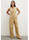 Boru Paça Yüksek Bel Keten Pantolon Camel