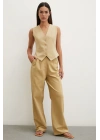 Boru Paça Yüksek Bel Keten Pantolon Camel