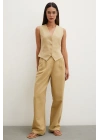 Boru Paça Yüksek Bel Keten Pantolon Camel