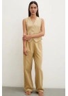 Boru Paça Yüksek Bel Keten Pantolon Camel