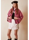 Cep Detaylı Bağcıklı Crop Ceket Pembe