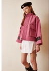 Cep Detaylı Bağcıklı Crop Ceket Pembe