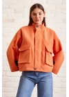 Cep Detaylı Bağcıklı Crop Ceket Turuncu