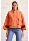 Cep Detaylı Bağcıklı Crop Ceket Turuncu