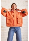 Cep Detaylı Bağcıklı Crop Ceket Turuncu