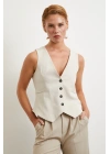 Cep Kapaklı Keten Yelek Krem