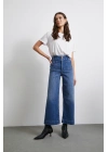 Cep Ve Düğme Detaylı Wide Leg Jean Mavi