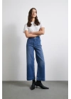 Cep Ve Düğme Detaylı Wide Leg Jean Mavi