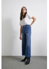 Cep Ve Düğme Detaylı Wide Leg Jean Mavi
