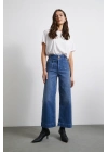 Cep Ve Düğme Detaylı Wide Leg Jean Mavi