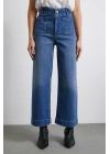 Cep Ve Düğme Detaylı Wide Leg Jean Mavi