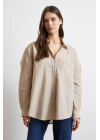 Cepli Oversize Keten Gömlek Bej