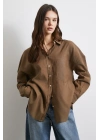 Cepli Oversize Keten Gömlek Kahve