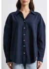 Cepli Oversize Keten Gömlek Lacivert