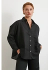 Cepli Oversize Keten Gömlek Siyah