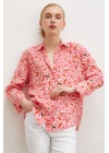 Çiçek Desen V Yaka Modal Gömlek Fuşya