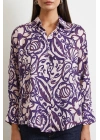 Çiçek Desenli Saten Gömlek Mor