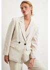 Çift Düğmeli Keten Blazer Ceket Krem
