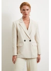 Çift Düğmeli Keten Blazer Ceket Krem