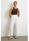 Çift Pileli Keten Pantolon Krem