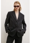 Çizgi Detaylı Çift Düğmeli Blazer Ceket Siyah