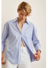 Çizgili Poplin Gömlek Mavi