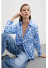 Desenli Gofret Saten Gömlek Açık Mavi
