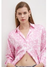 Desenli Gofret Saten Gömlek Pembe