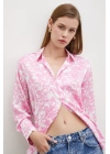 Desenli Gofret Saten Gömlek Pembe