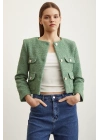 Düğme Detaylı Tüvit Ceket Yeşil