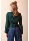 Düğme Detaylı V Yaka Uzun Kol Bluz Yeşil