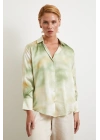 Ebruli Desen Saten GömleK Yeşil