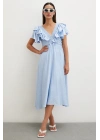 Fırfır Detaylı V Yaka  Gipeli Keten Elbise Mavi