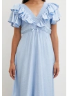Fırfır Detaylı V Yaka  Gipeli Keten Elbise Mavi