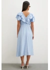 Fırfır Detaylı V Yaka  Gipeli Keten Elbise Mavi