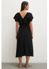 Fırfır Detaylı V Yaka  Gipeli Keten Elbise Siyah