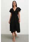 Fırfır Detaylı V Yaka  Gipeli Keten Elbise Siyah